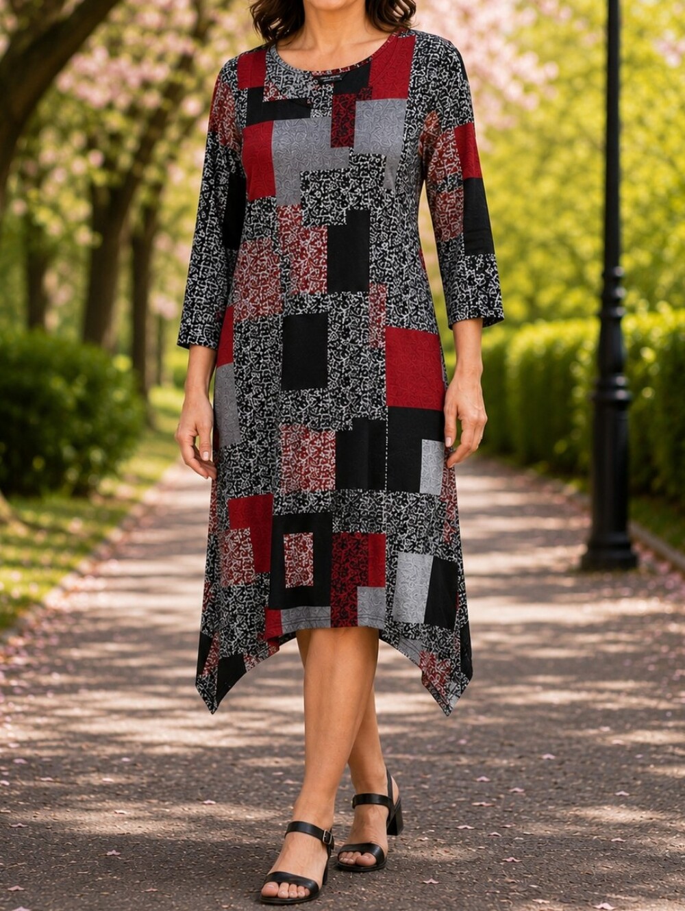 NWT Tango Mango Geometric Block Print Midi Dress Red Black Gray Long Sleeve